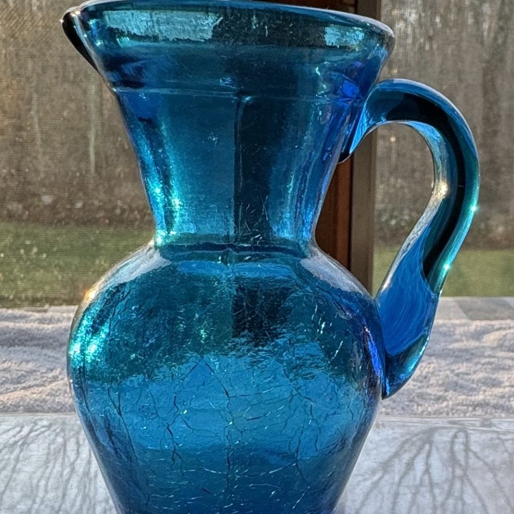 Blue Crackle Glass Miniature 4" Pitcher Creamer with Applied Handle